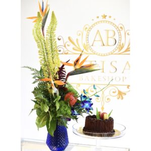 Tropical Flower Arrangement and 6’ Macaron Chocolate Truffle Cake